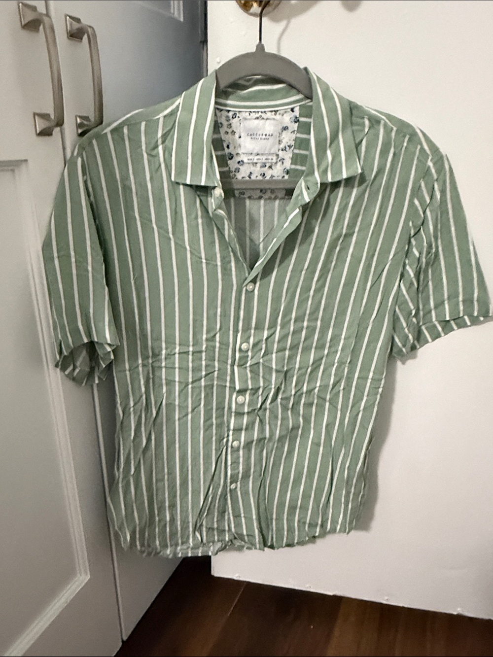 Casual Vertical-Stripe Button-Down Shirt — Sage Green